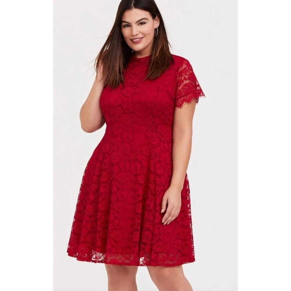 Size 1X 16 RED LACE MOCK NECK SWING DRESS Christmas Holiday Party PLUS SIZE